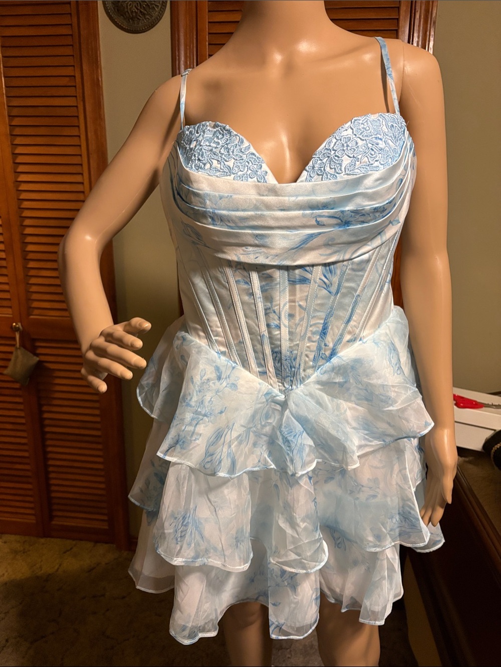 Light Blue Floral Ruffle Mini Dress with Lace Bodice